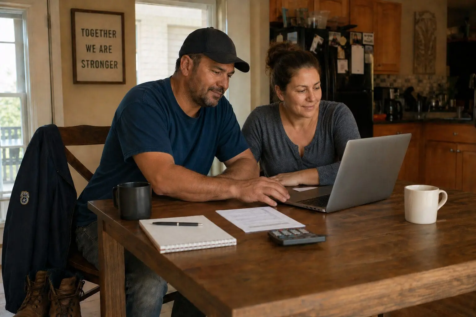 Couple at the kitchen table going over finances and feeling relieved that they got this